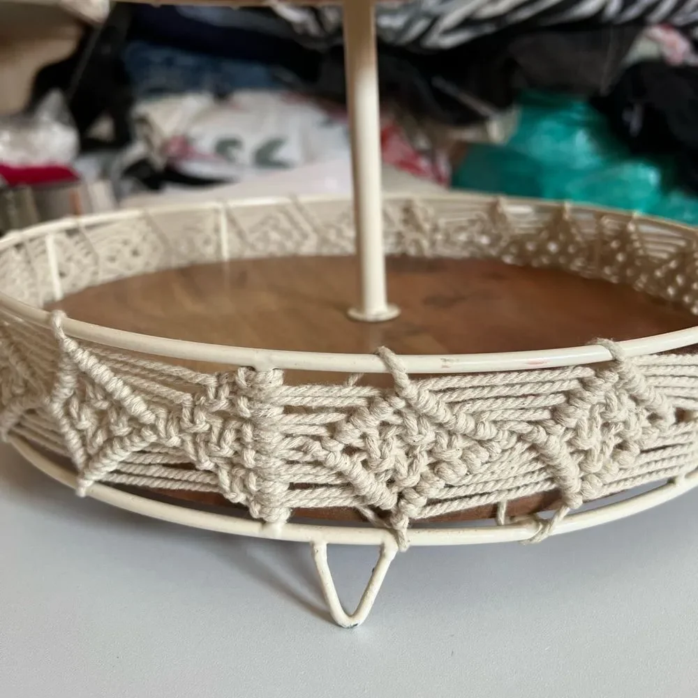 Two-Tier Wood and Macrame Tray, 16-inch Height, Macrame and Metal